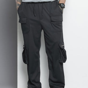Men's Black Relaxed Fit Textured Wide Leg Cargo Joggers