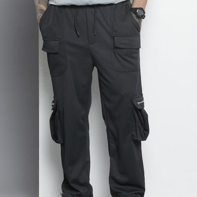 Men's Black Relaxed Fit Textured Wide Leg Cargo Joggers