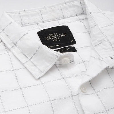 Men's White Slim Fit Checked Party Wear Shirt