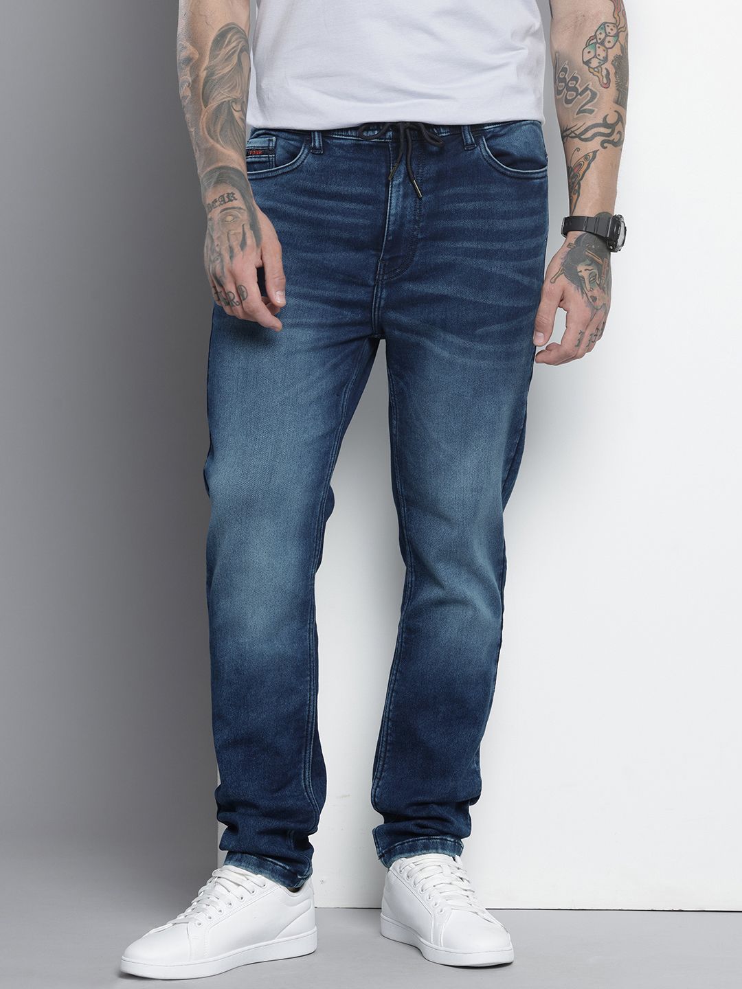 Men's Blue Regular Fit Solid Denim Joggers