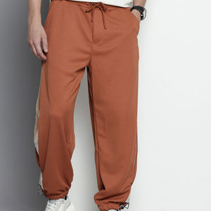 Men's Brown Relaxed Fit Textured Baggy Joggers