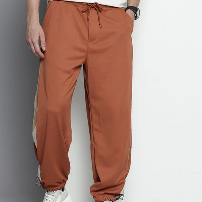 Men's Brown Relaxed Fit Textured Baggy Joggers
