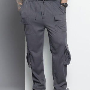 Men's Grey Relaxed Fit Textured Wide Leg Cargo Joggers