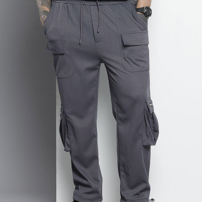 Men's Grey Relaxed Fit Textured Wide Leg Cargo Joggers