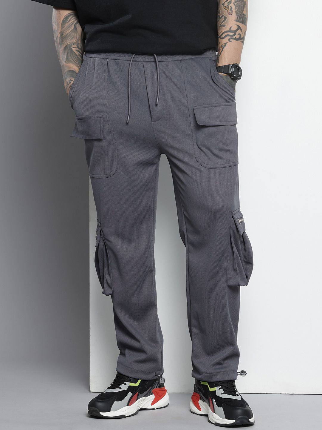 Men's Grey Relaxed Fit Textured Wide Leg Cargo Joggers