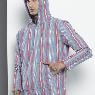 Men's Blue Relaxed Fit Vertical Stripes Resort Wear Shirt