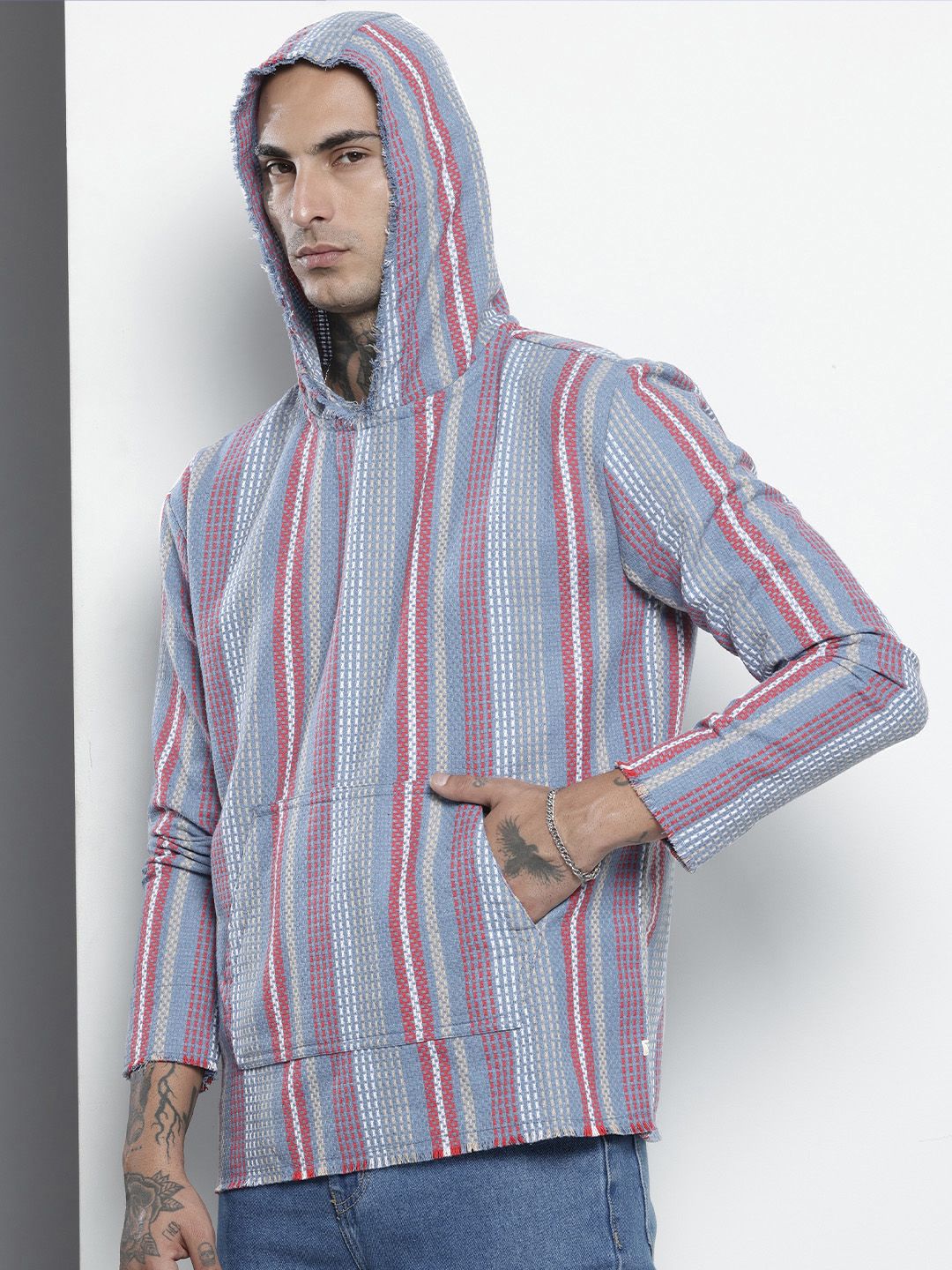 Men's Blue Relaxed Fit Vertical Stripes Resort Wear Shirt