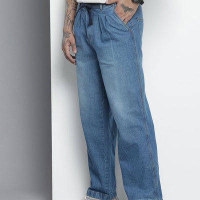 Men's Blue Relaxed Fit Solid Denim Joggers