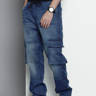 Men's Blue Relaxed Fit Solid Stretchable Denim Cargo Joggers