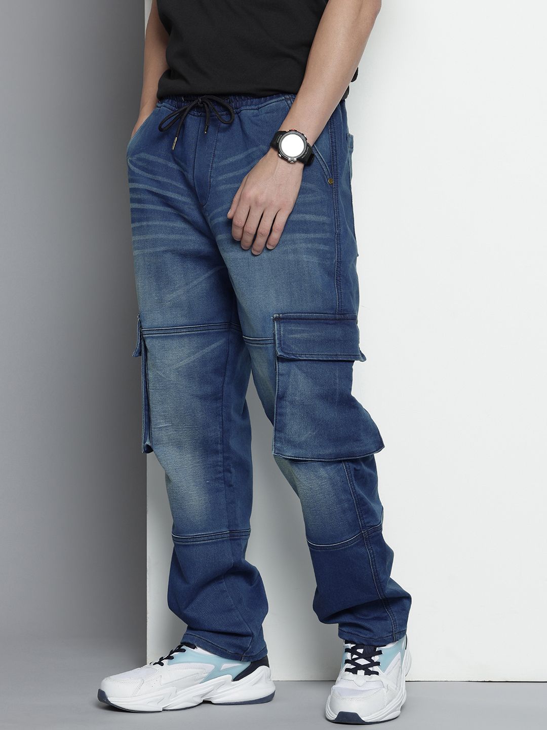 Men's Blue Relaxed Fit Solid Stretchable Denim Cargo Joggers