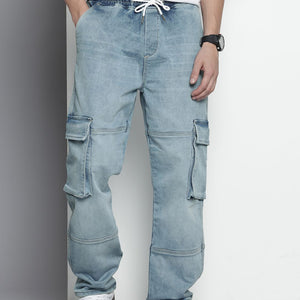 Men's Blue Relaxed Fit Solid Stretchable Denim Cargo Joggers