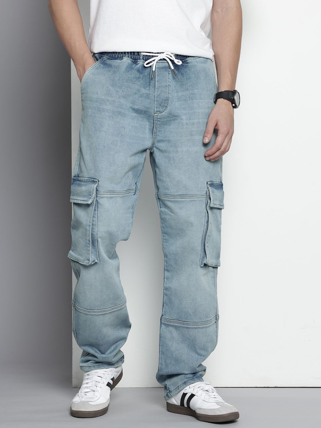 Men's Blue Relaxed Fit Solid Stretchable Denim Cargo Joggers