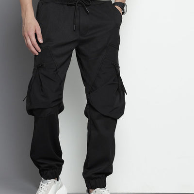 Men's Black Relaxed Fit Textured Cargo Joggers