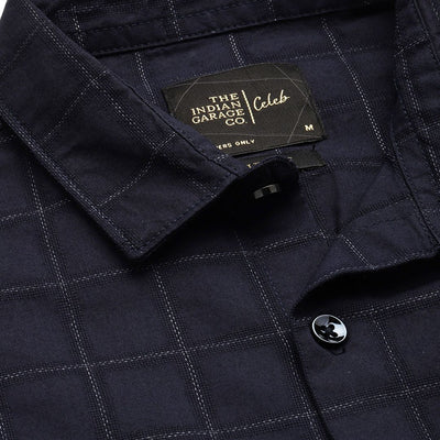 Men's Navy Blue Slim Fit Checked Party Wear Shirt
