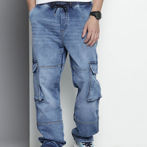 Men's Blue Relaxed Fit Solid Stretchable Denim Cargo Joggers