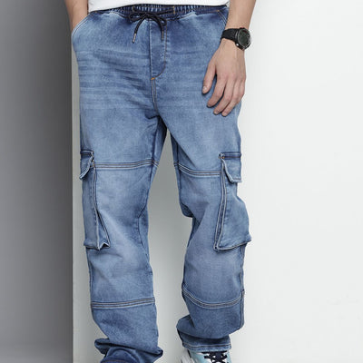 Men's Blue Relaxed Fit Solid Stretchable Denim Cargo Joggers