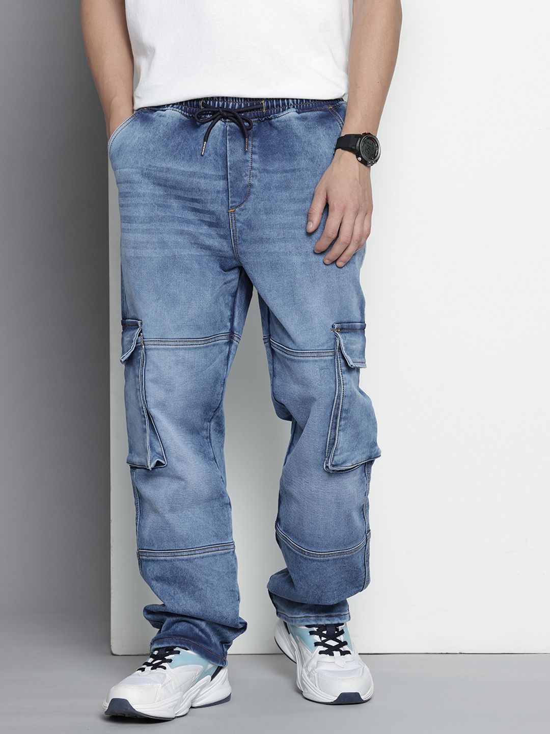 Men's Blue Relaxed Fit Solid Stretchable Denim Cargo Joggers