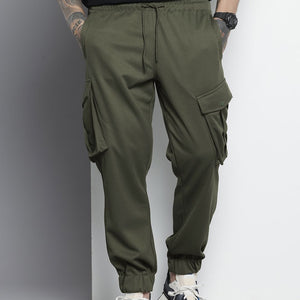 Men's Olive Relaxed Fit Textured Cargo Joggers