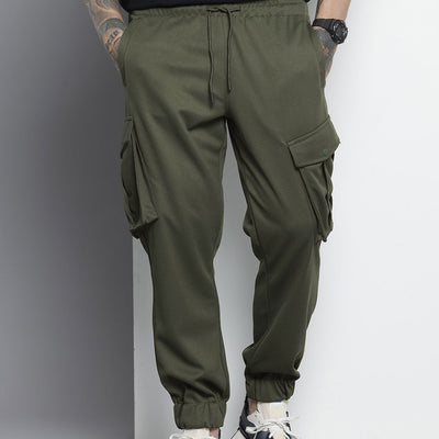 Men's Olive Relaxed Fit Textured Cargo Joggers