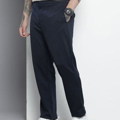Men's Navy Blue Relaxed Fit Solid Chinos