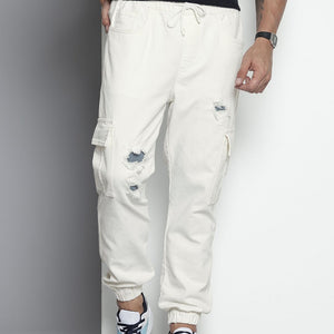 Men's White Regular Fit Solid Stretchable Denim Joggers