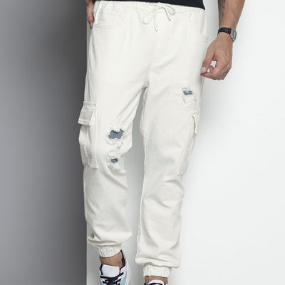 Men's White Regular Fit Solid Stretchable Denim Joggers