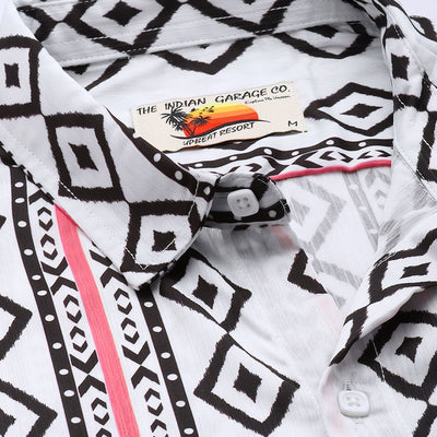 Men's White Relaxed Fit Geometric Print Resort Wear Shirt