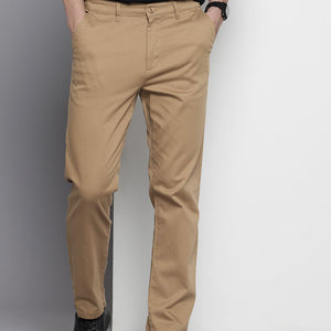 Men's Khaki Regular Fit Solid Chinos