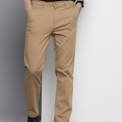Men's Khaki Regular Fit Solid Chinos