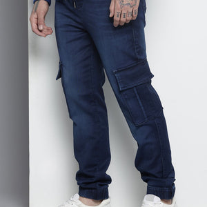 Men's Blue Regular Fit Solid Stretchable Denim Cargo Joggers