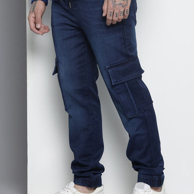 Men's Blue Regular Fit Solid Stretchable Denim Cargo Joggers
