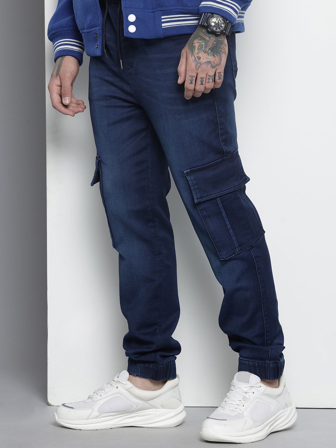 Men's Blue Regular Fit Solid Stretchable Denim Cargo Joggers