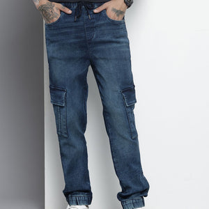 Men's Blue Regular Fit Solid Stretchable Denim Cargo Joggers