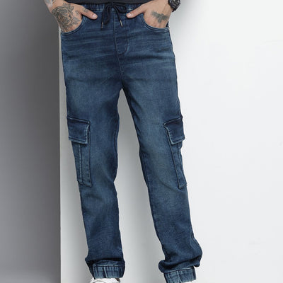 Men's Blue Regular Fit Solid Stretchable Denim Cargo Joggers