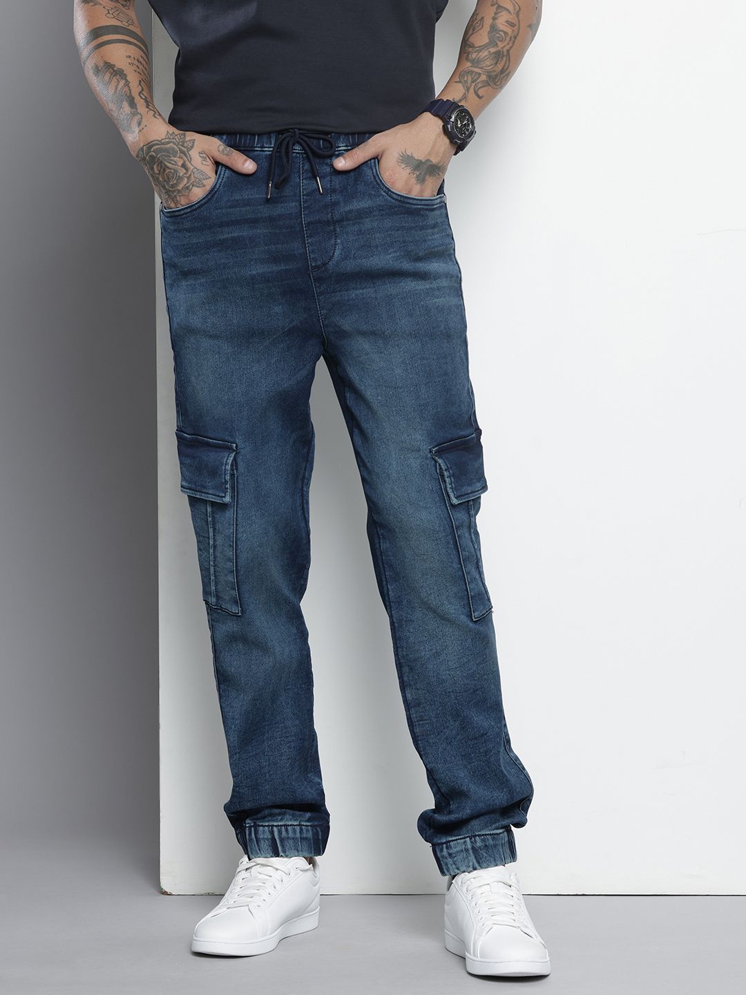 Men's Blue Regular Fit Solid Stretchable Denim Cargo Joggers