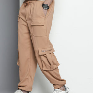 Men's Brown Relaxed Fit Textured Wide Leg Cargo Joggers