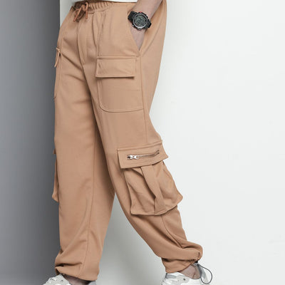 Men's Brown Relaxed Fit Textured Wide Leg Cargo Joggers