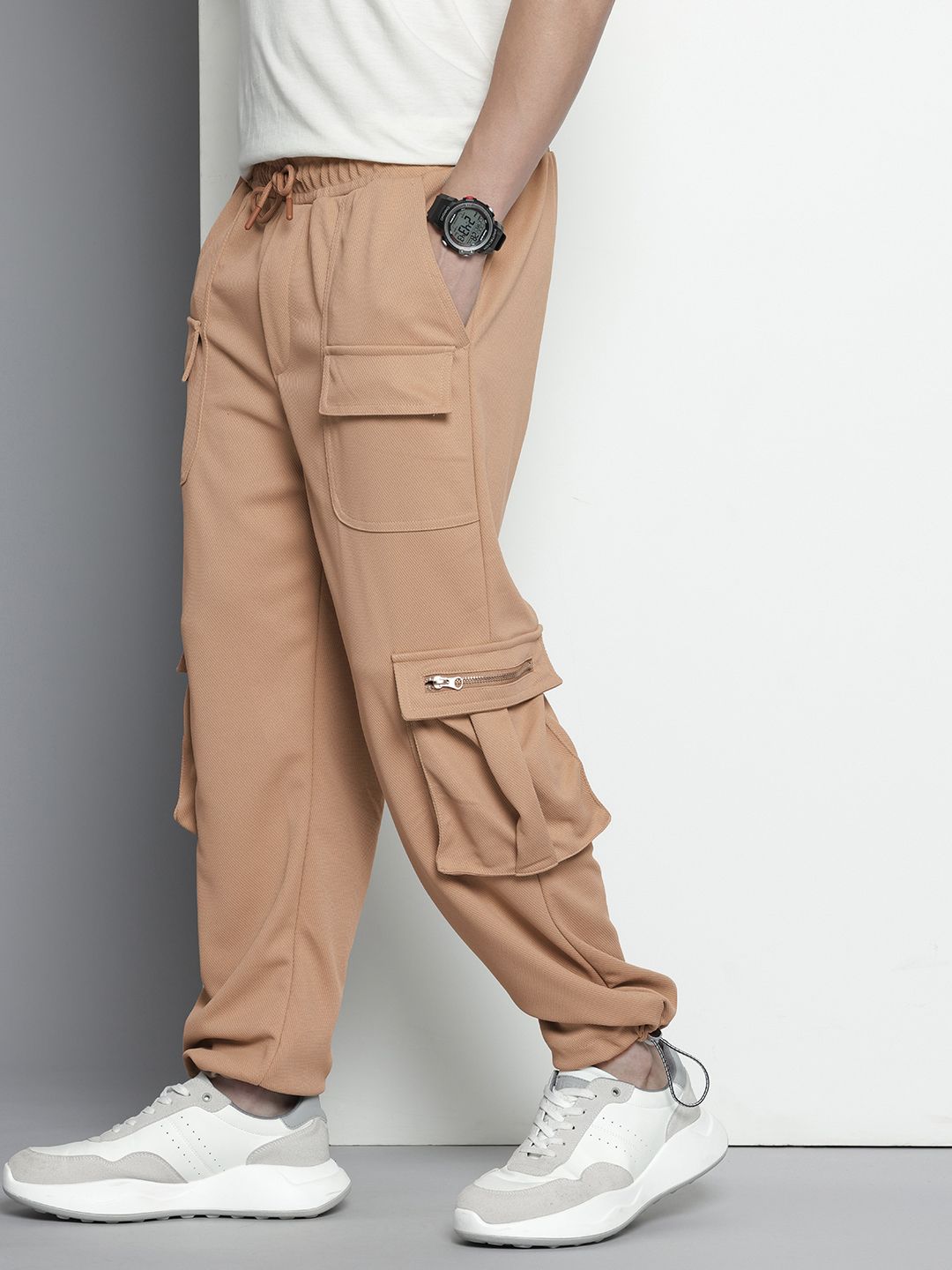 Men's Brown Relaxed Fit Textured Wide Leg Cargo Joggers