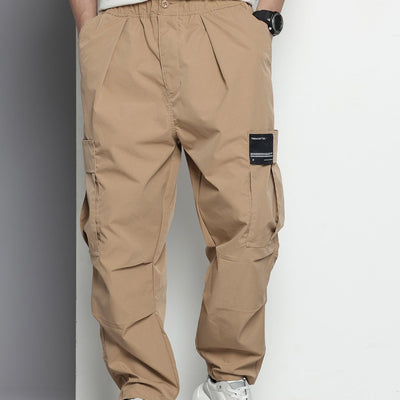 Men's Khaki Tapered Fit Textured Cargos