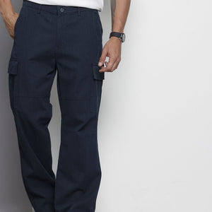 Men's Navy Blue Relaxed Fit Geometric Print Cargos