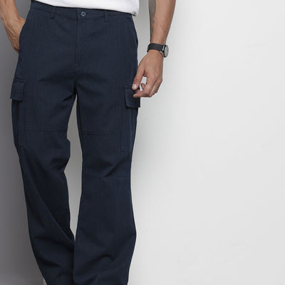 Men's Navy Blue Relaxed Fit Geometric Print Cargos