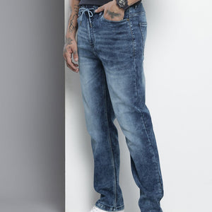 Men's Blue Regular Fit Solid Denim Joggers
