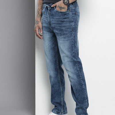 Men's Blue Regular Fit Solid Denim Joggers