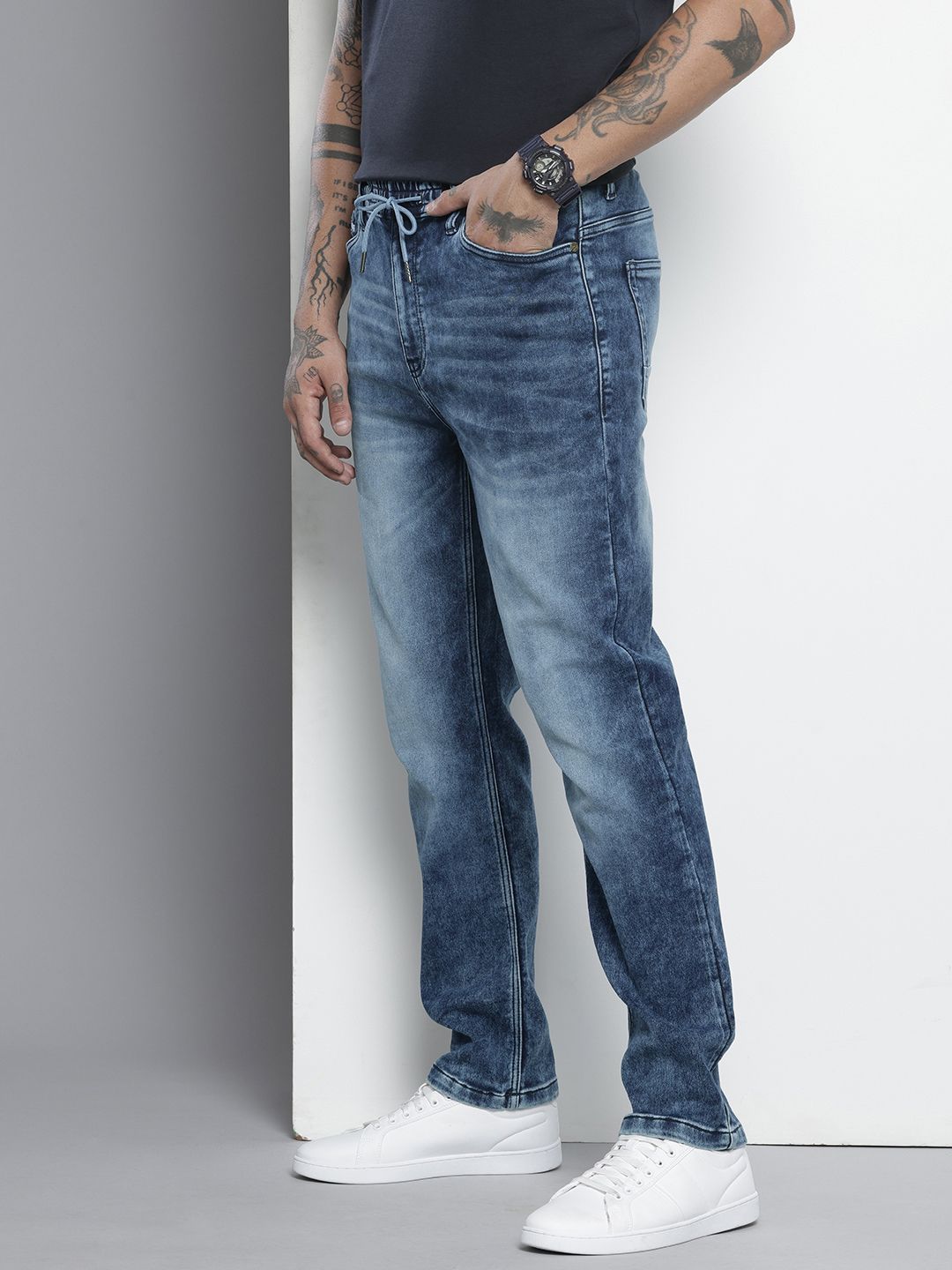 Men's Blue Regular Fit Solid Denim Joggers
