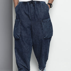 Men's Blue Loose Solid Denim Cargo Harem Pants
