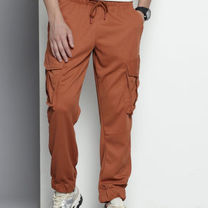 Men's Brown Relaxed Fit Textured Cargo Joggers