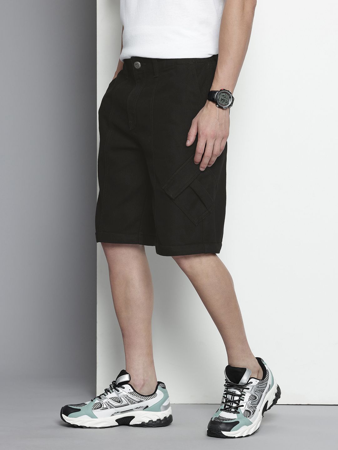 Men's Black Wide Leg Solid Convertible Cargo Jeans