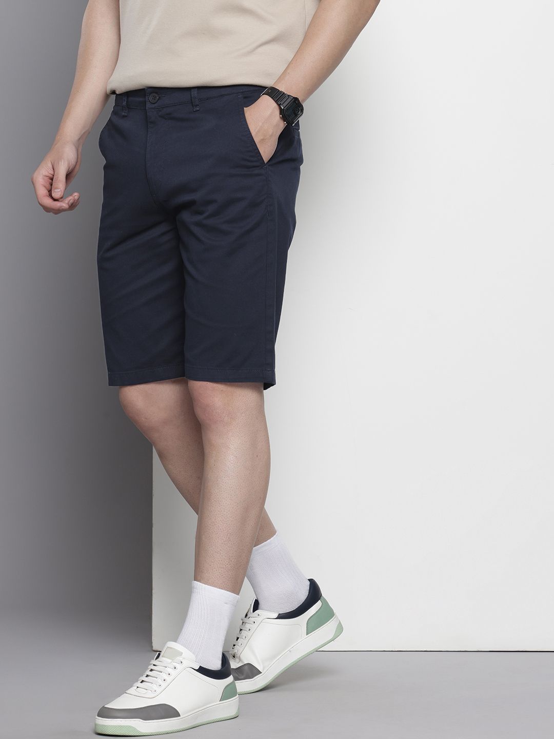 Men's Navy Blue Regular Fit Solid Chino Shorts