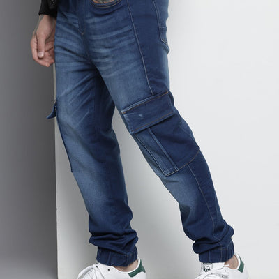 Men's Blue Regular Fit Solid Stretchable Denim Cargo Joggers