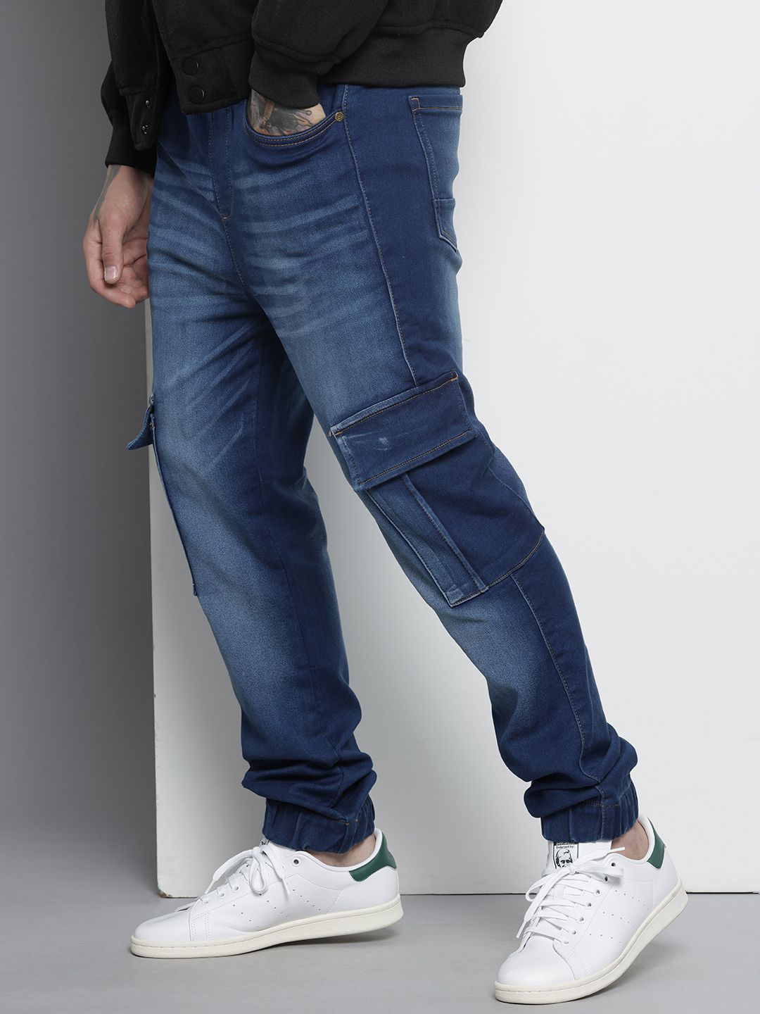 Men's Blue Regular Fit Solid Stretchable Denim Cargo Joggers